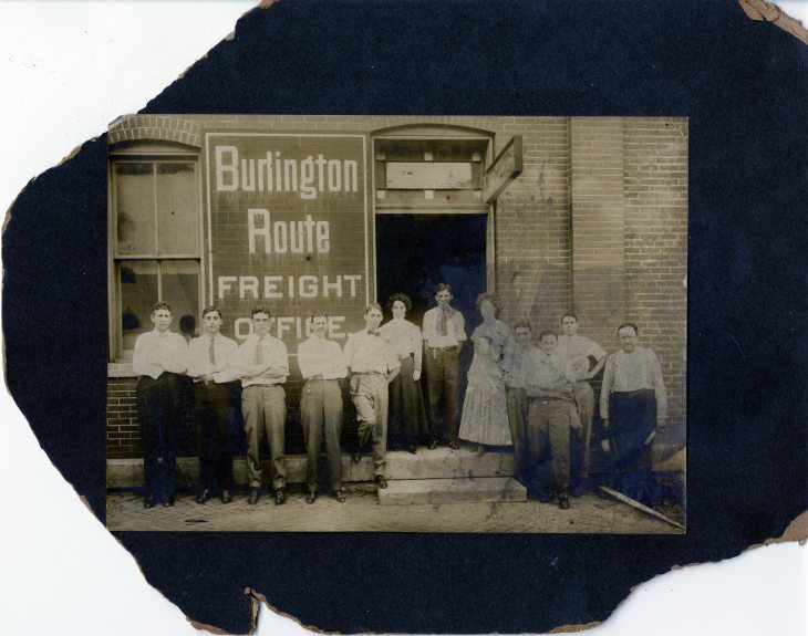 My great-grandfather (in the bow tie) in front of the railway station office in Keokuk, Iowa. 